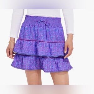 Vineyard Vines Anegada Blue Purple Tiered Mini Skirt Smocked Waist Pop-Pom Trim